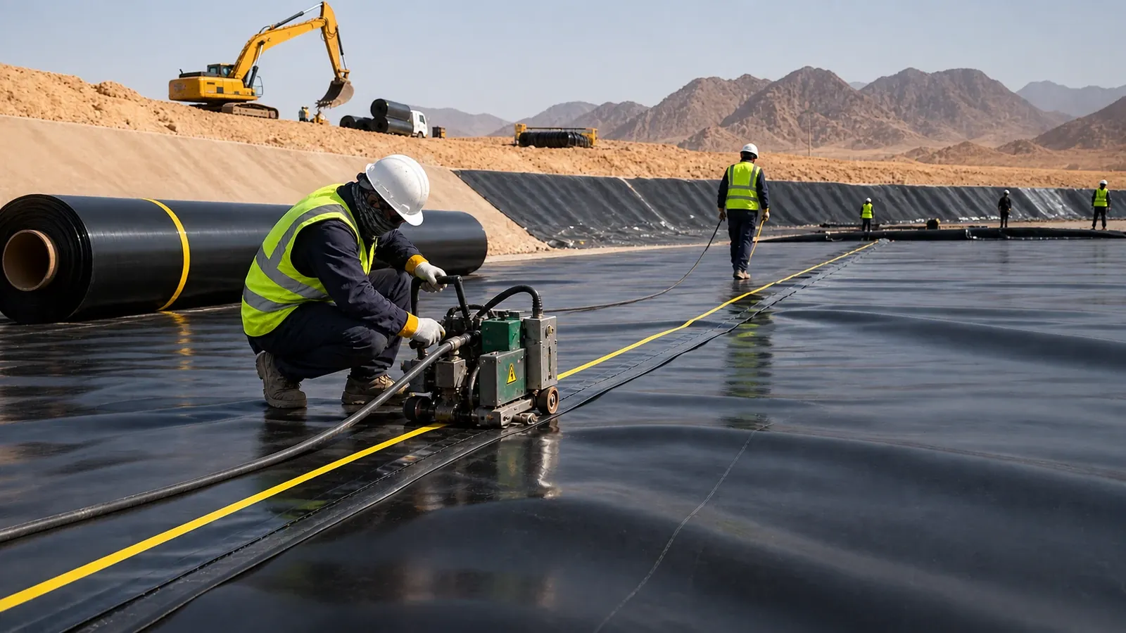 HDPE geomembrane suppliers in UAE installing black liner in a desert reservoir